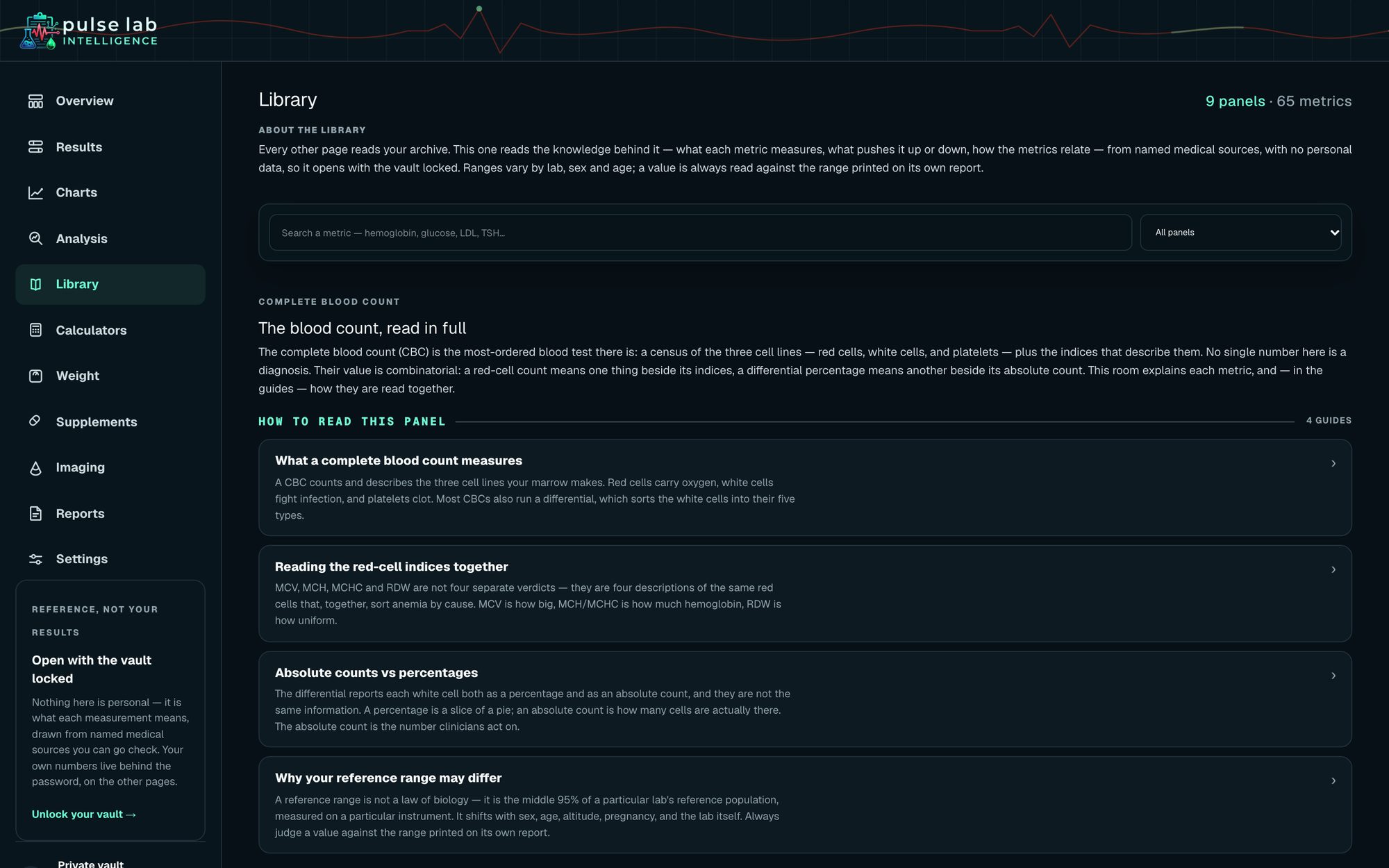 Pulse Library page for the complete blood count panel