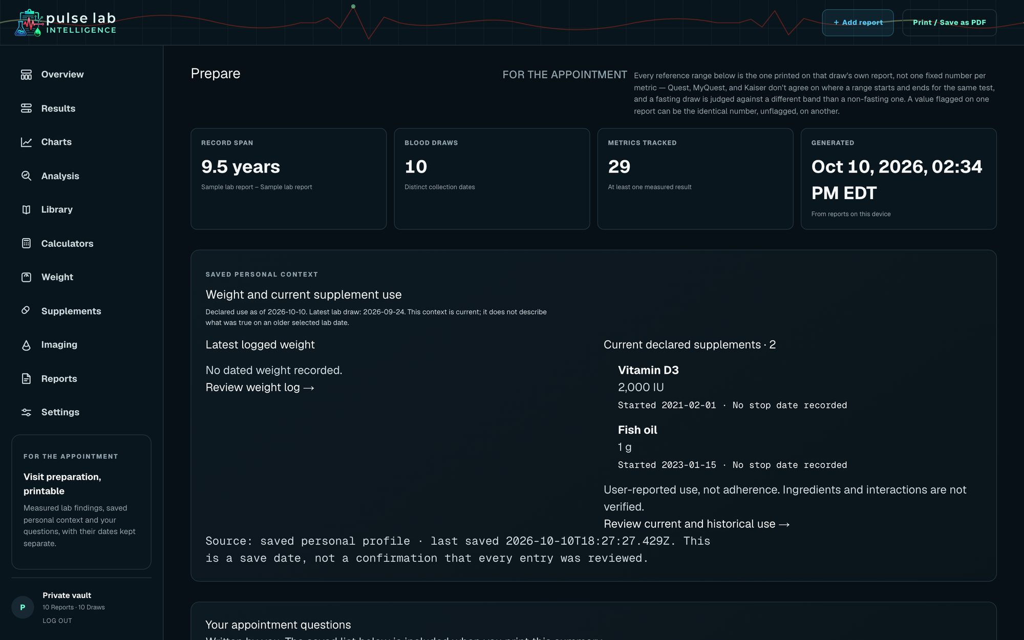Pulse Prepare page summarizing the record for an appointment